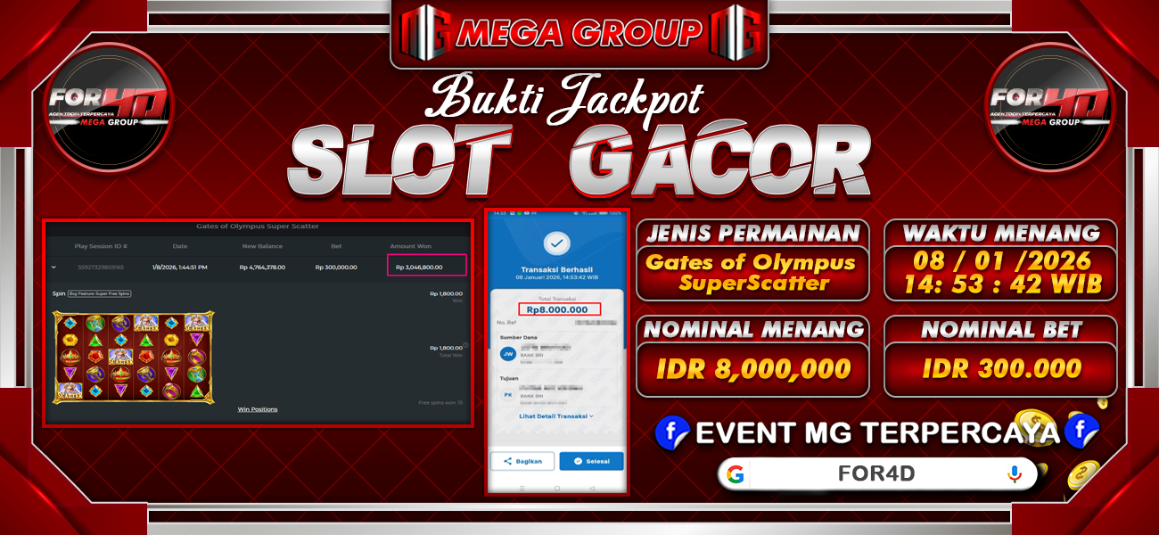 Bukti JP situs For4D hari Kamis, 08 Januari 2026